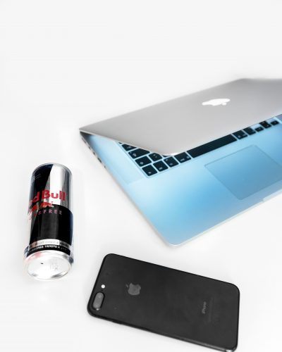 iPhone, Macbook and energy drink